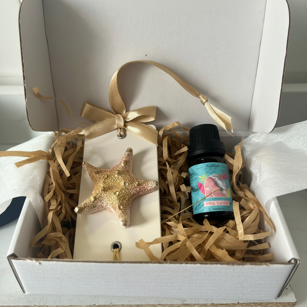 Sea Star room diffuser gift set with Pink Sands fragrance oil in open white gift box