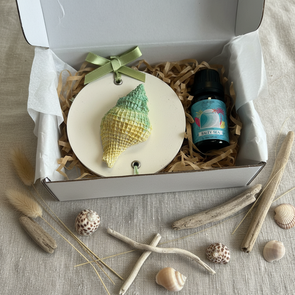Conch shell room diffuser gift set in white box with kraft shredded paper and Salty Sea fragrance oil
