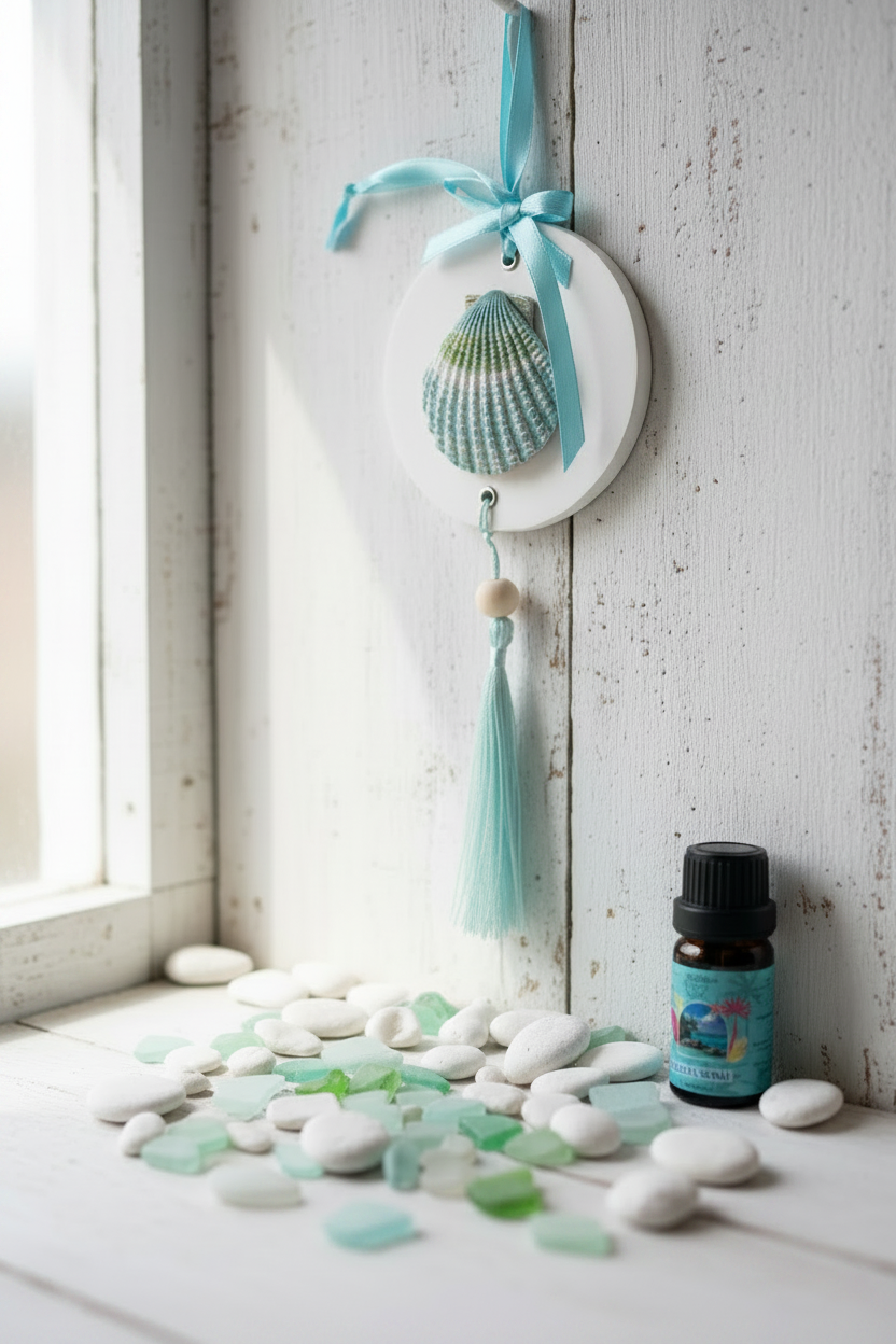 Sea Shell room diffuser with aqua scallop shell and blue ribbon hanging straight on whitewashed wood