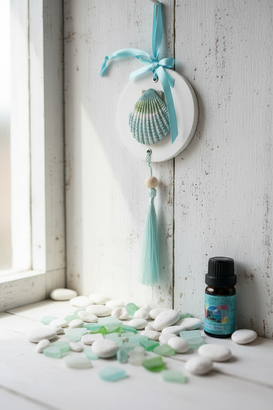 Sea Shell room diffuser with aqua scallop shell and blue ribbon hanging straight on whitewashed wood