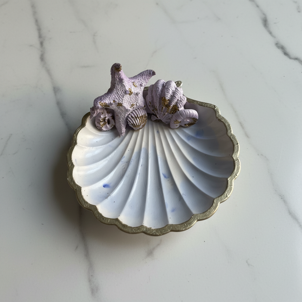 Sea shell trinket dish on white marble surface