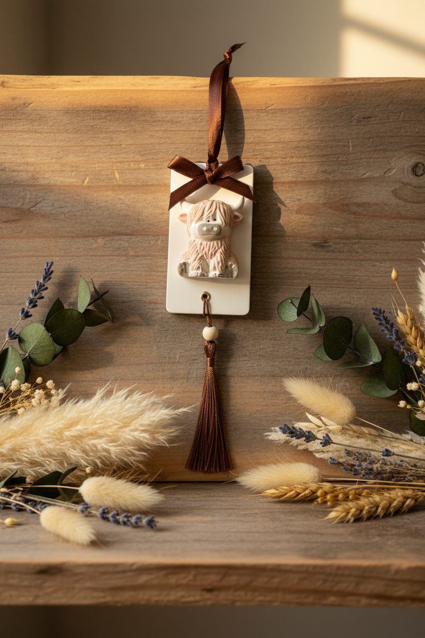 Highland Cow ceramic room diffuser with brown ribbon and tassel on rustic wood surface