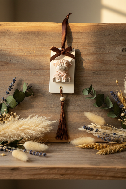 Highland Cow ceramic room diffuser with brown ribbon and tassel on rustic wood surface