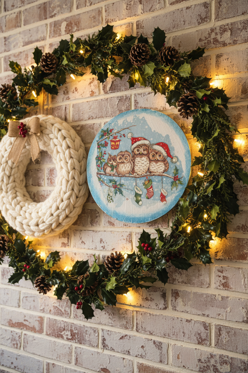 Christmas wood wall hanging owls displayed on a rustic farmhouse wall