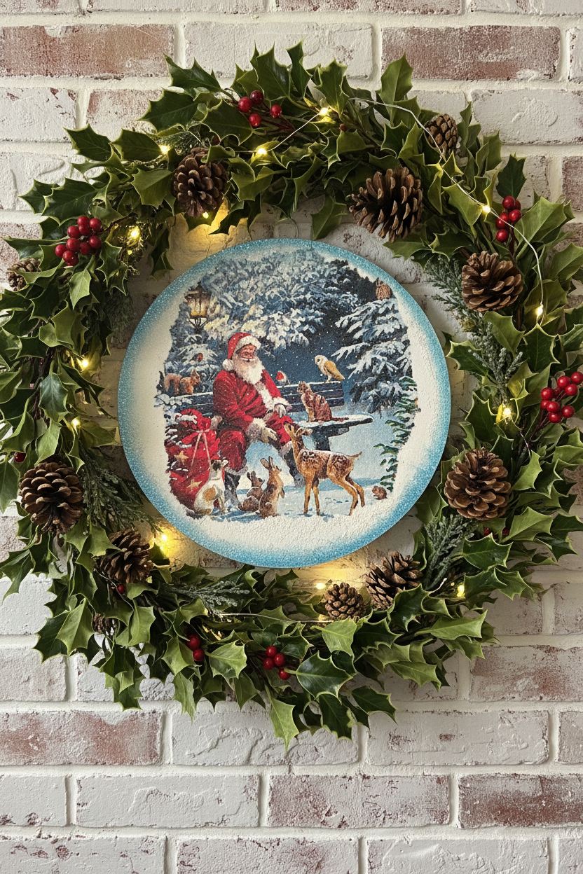 Christmas wood wall hanging Santa displayed on a rustic farmhouse wall