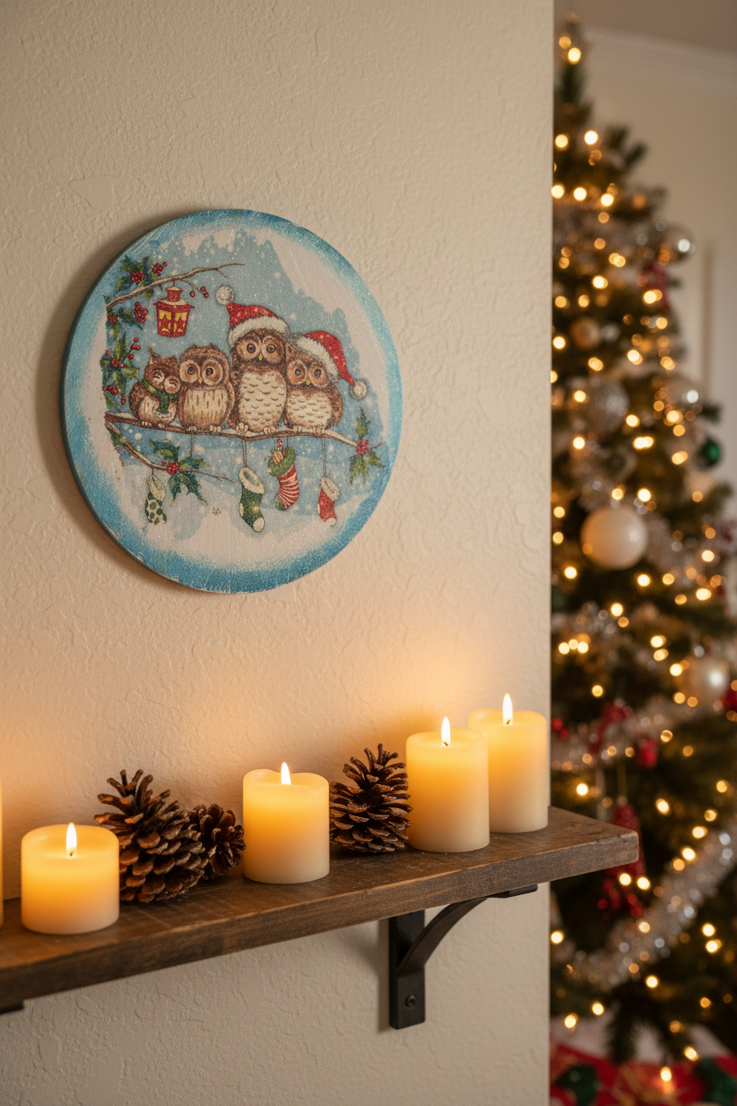 Christmas wood wall hanging owls displayed in a cosy festive living room