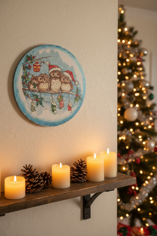 Christmas wood wall hanging owls displayed in a cosy festive living room