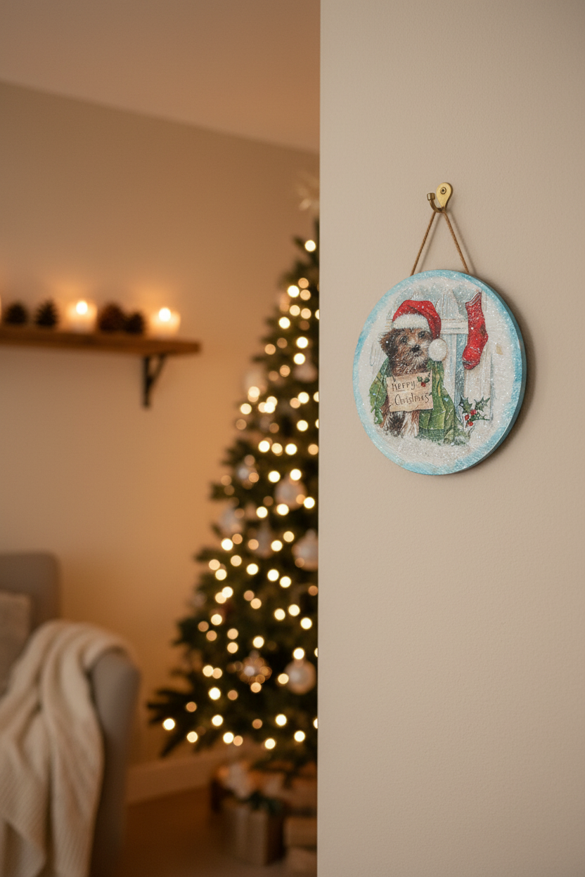 Christmas wood wall hanging displayed in a cosy festive living room