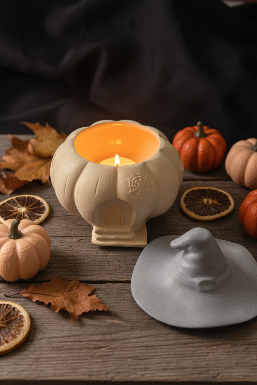 Witches hat pumpkin ceramic candle pot with hat removed beside it and tealight candle glowing inside, surrounded by autumn leaves and mini pumpkins on a rustic wooden surface