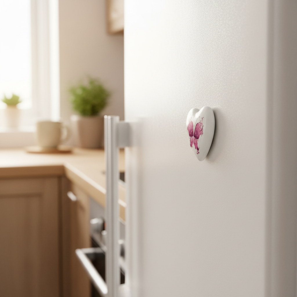 White ceramic heart fridge magnet with pink butterfly design on a kitchen fridge