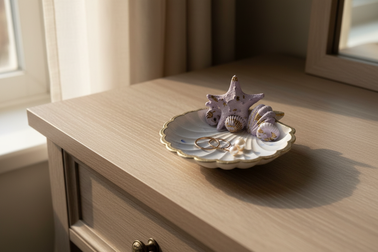 Sea shell trinket dish with jewellery on wooden dressing table