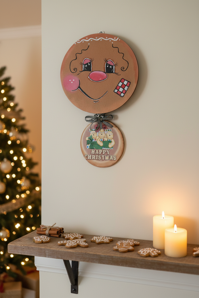 Gingerbread boy double wood wall hanging displayed in a cosy festive living room