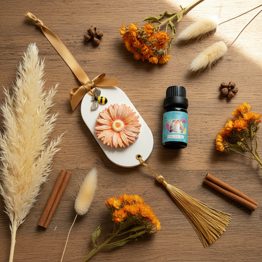 Gerbera daisy eco resin room diffuser styled on a warm wooden surface with dried botanicals