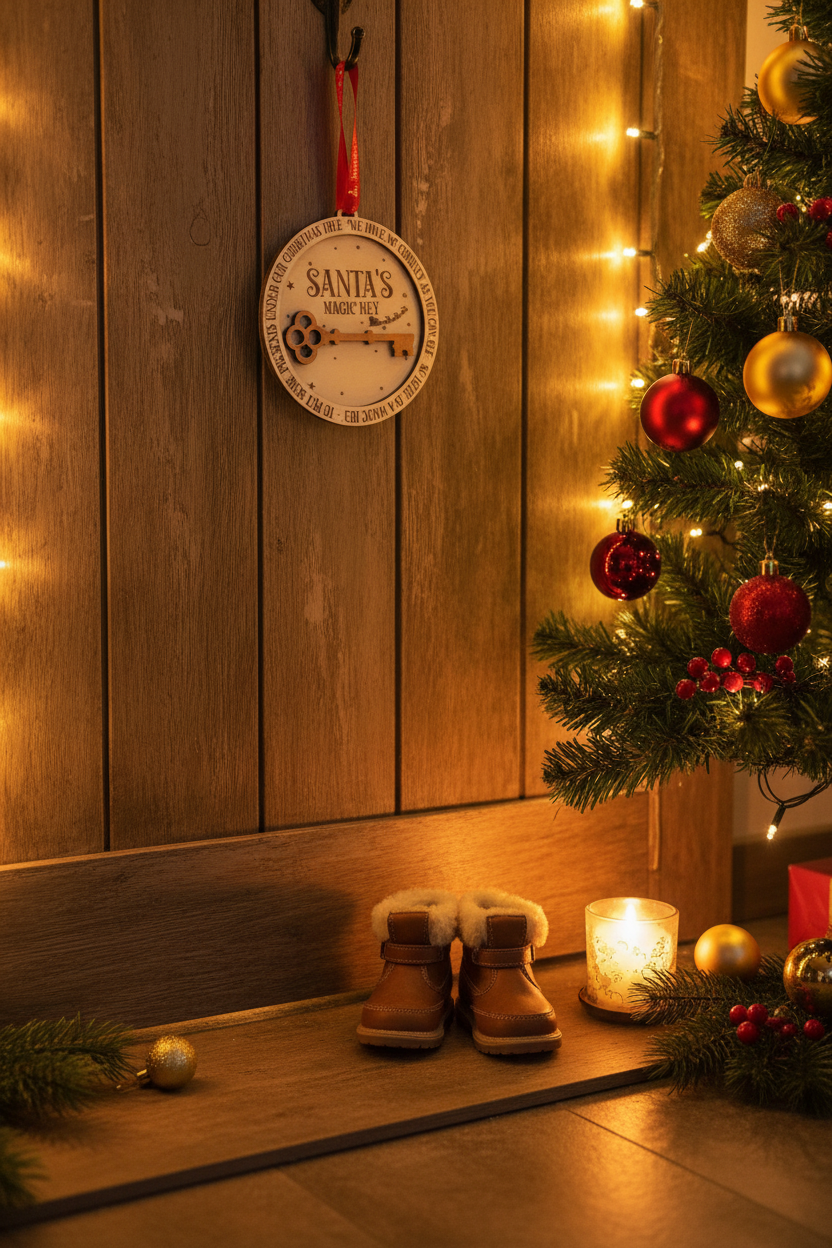 Santa's Magic Key engraved wooden hanging displayed by a rustic door with child's boots nearby and warm Christmas fairy lights in the background