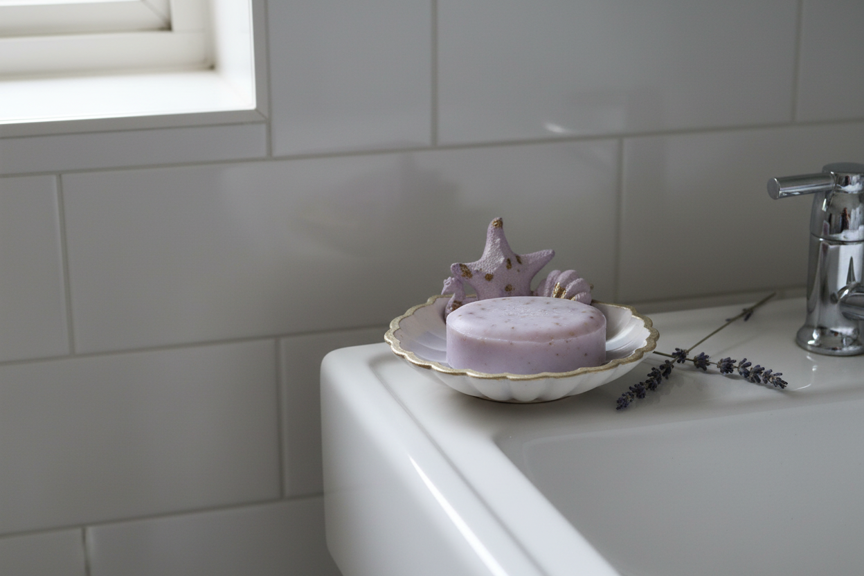 Sea shell soap dish in bathroom setting with lavender
