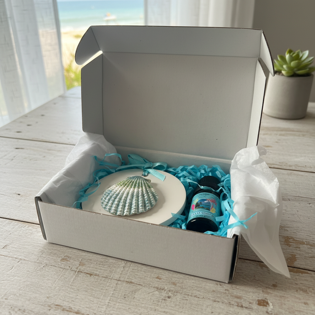 Sea Shell room diffuser gift set with Ocean Spray fragrance oil in open white gift box with aqua filler