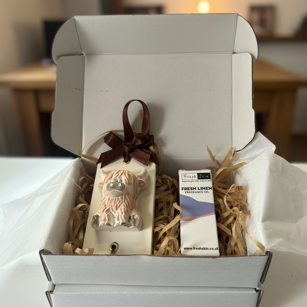 Highland Cow room diffuser gift set in open white gift box with fragrance oil