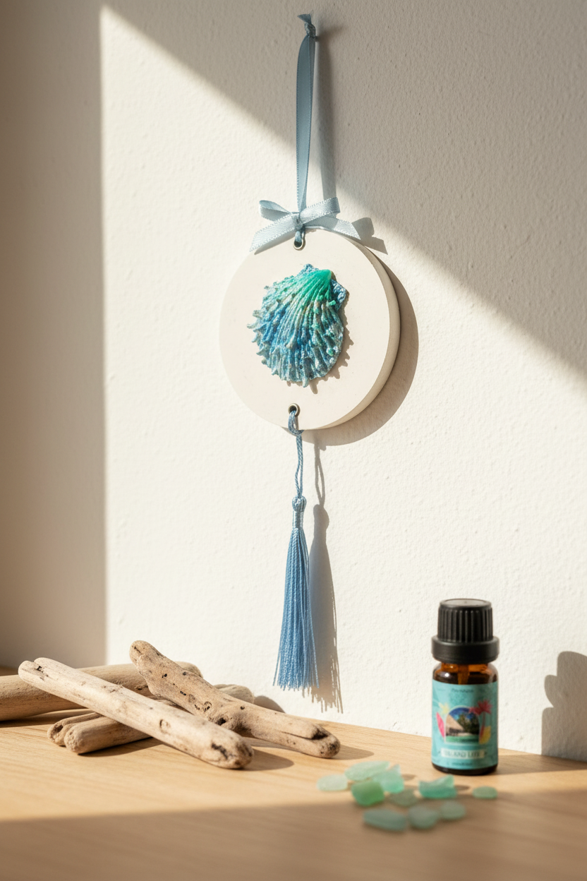 Scallop shell hanging room diffuser styled in a coastal interior