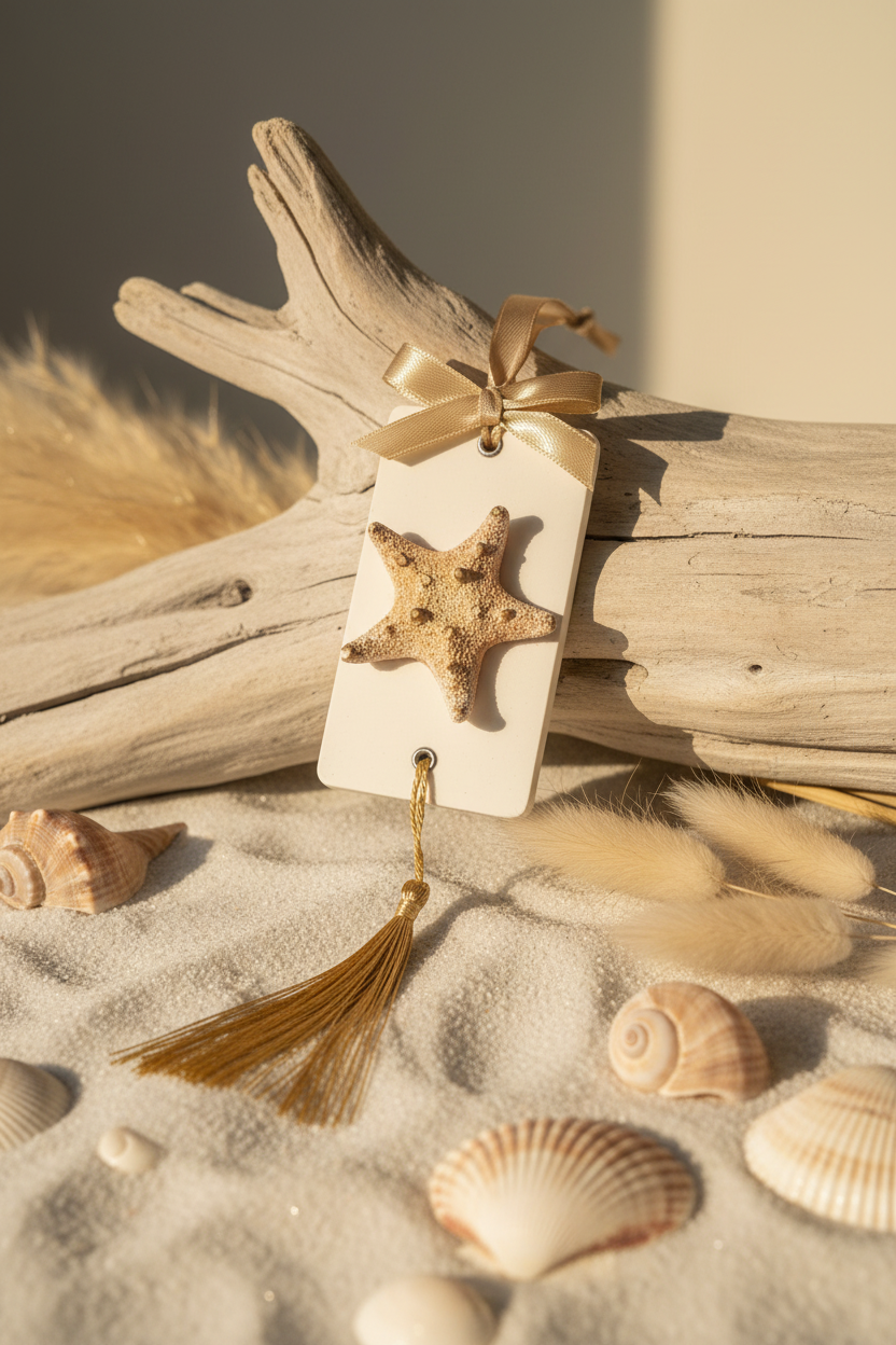 Sea Star room diffuser with gold starfish and cream ribbon on driftwood with seashells