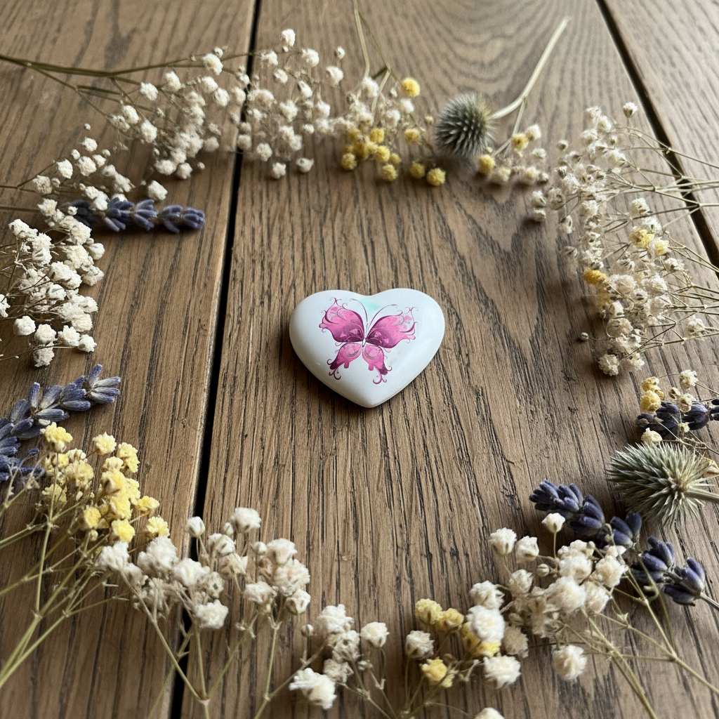 White ceramic heart fridge magnet with pink butterfly design styled on rustic wooden surface