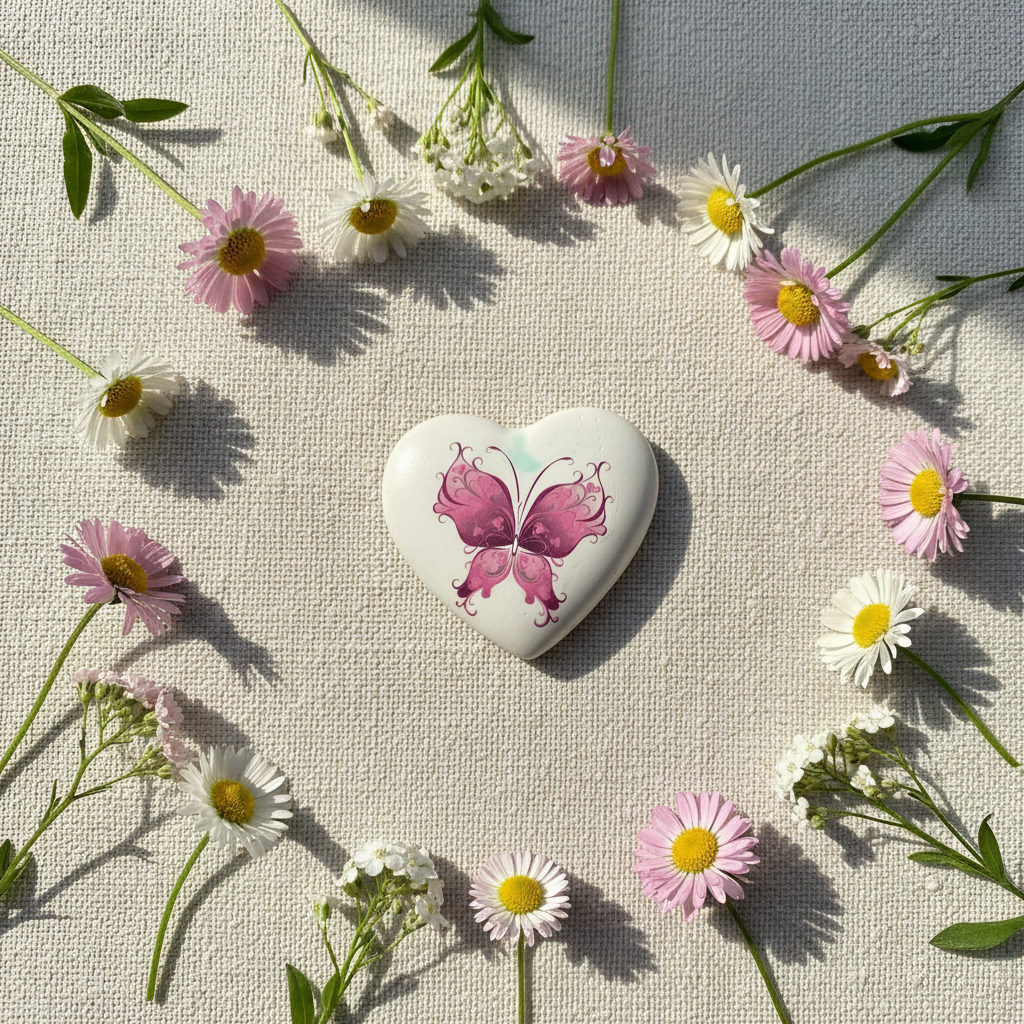 White ceramic heart fridge magnet with pink butterfly design flat lay on linen with wildflowers