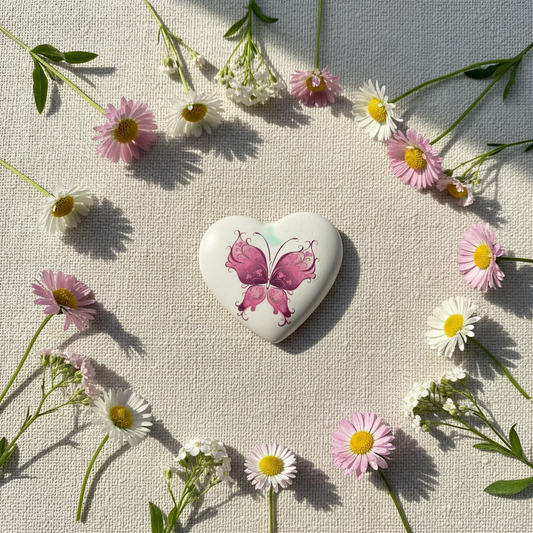 White ceramic heart fridge magnet with pink butterfly design flat lay on linen with wildflowers