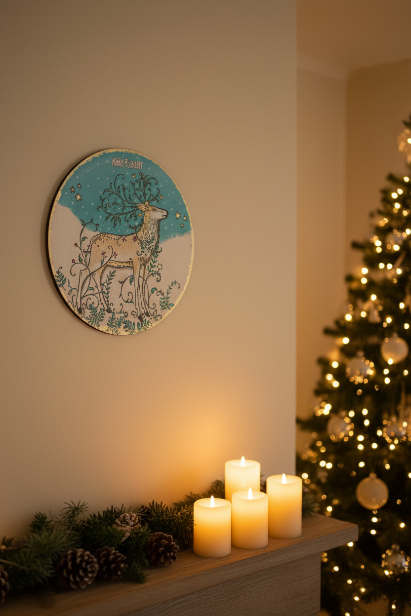Merry and Bright reindeer wall hanging displayed in a cosy festive living room