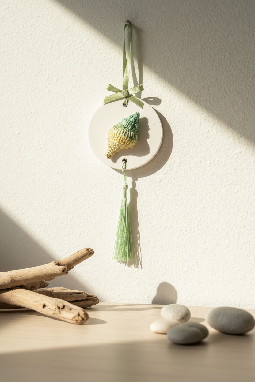Conch shell hanging room diffuser styled in a coastal interior