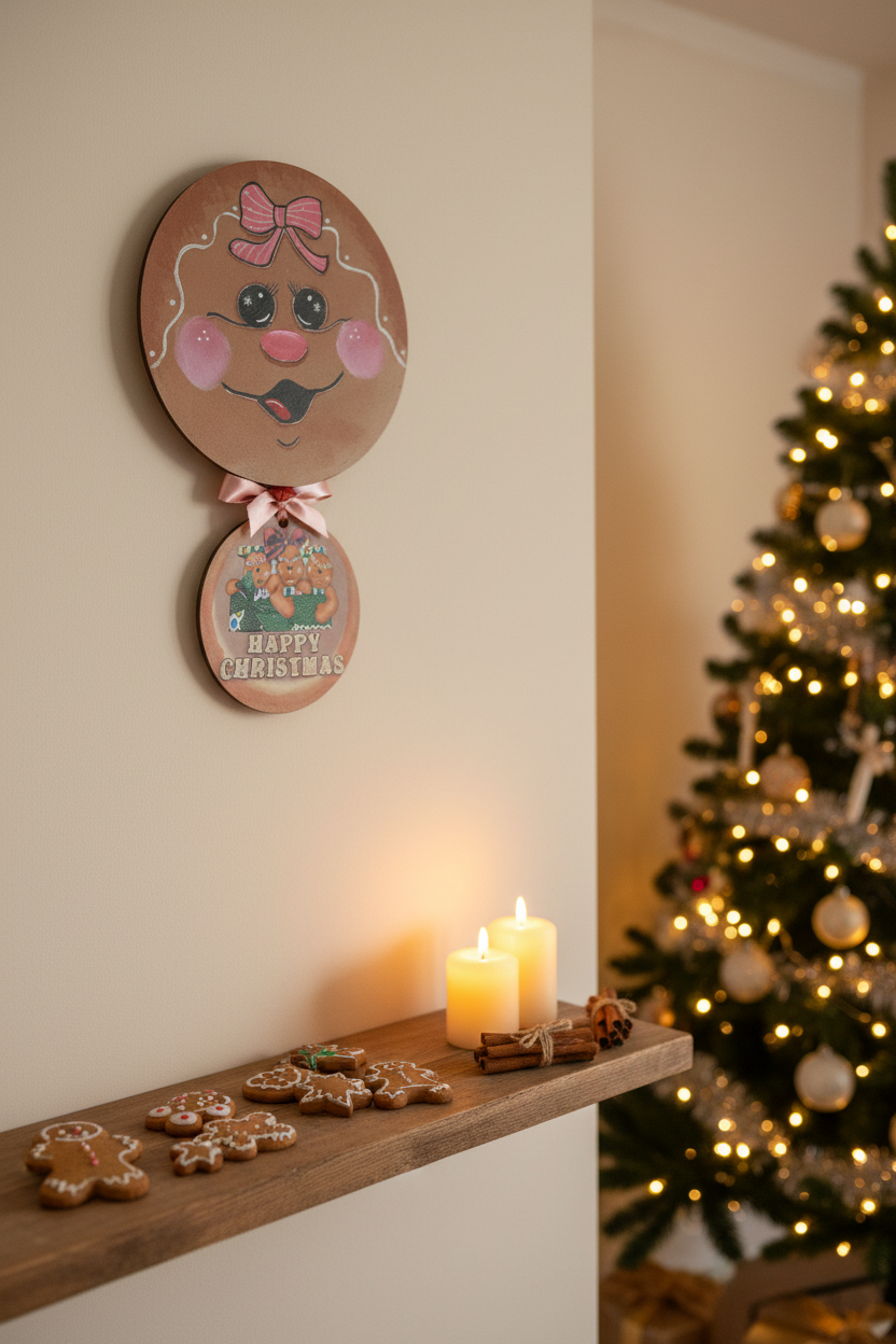 Gingerbread girl double wood wall hanging displayed in a cosy festive living room