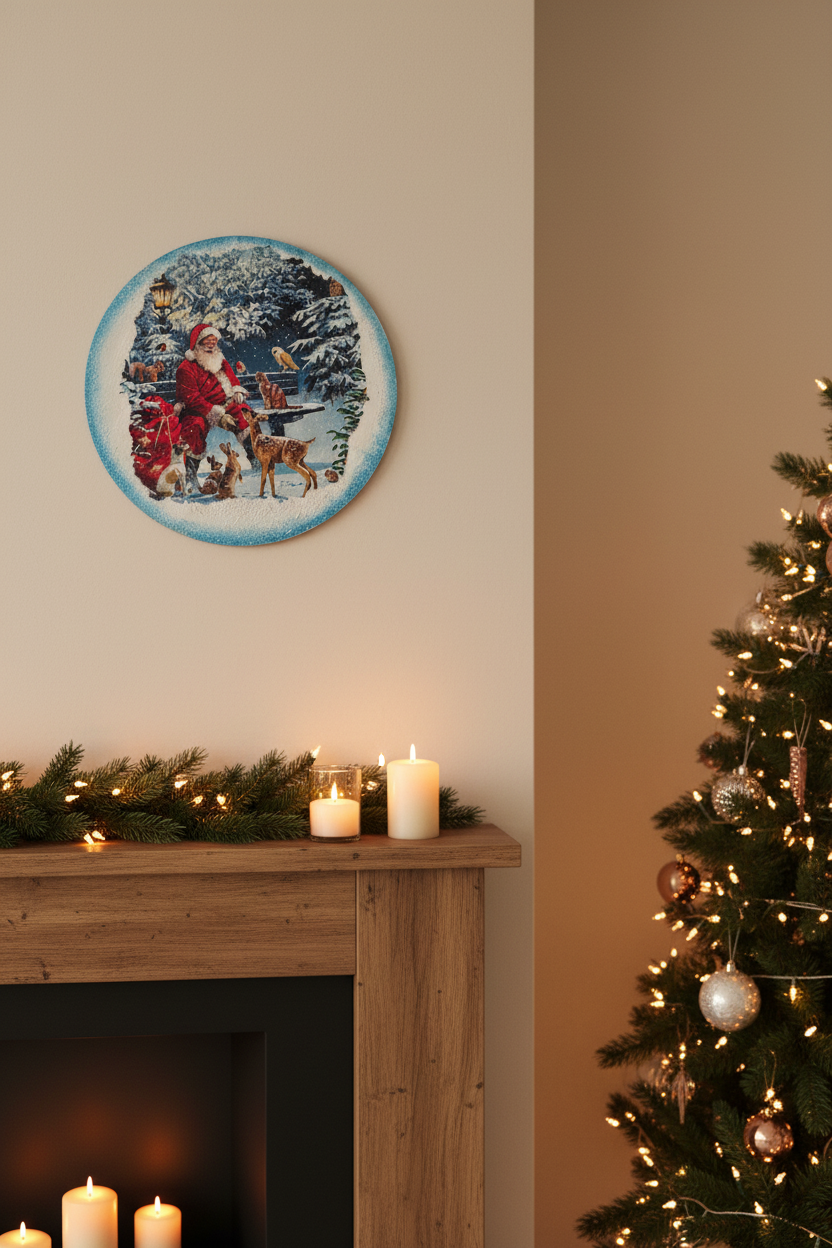 Christmas wood wall hanging Santa displayed in a cosy festive living room