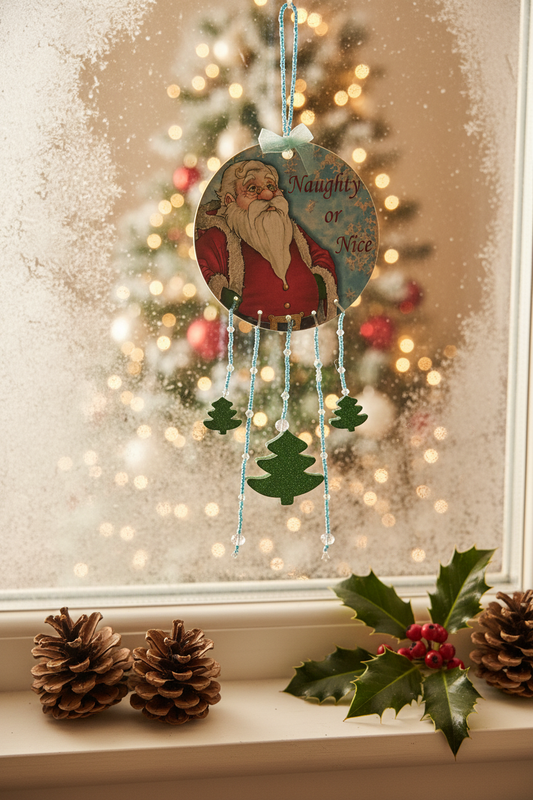Handmade Naughty or Nice Santa wooden beaded Christmas hanger displayed in a frosted window with warm fairy lights in the background