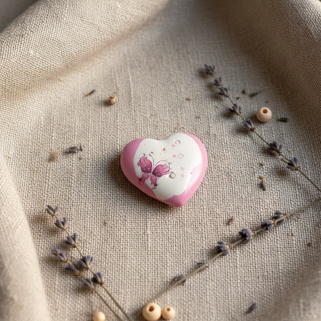 Pink butterfly heart fridge magnet on linen