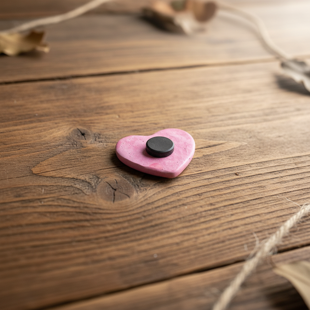 Pink heart fridge magnet on rustic wood
